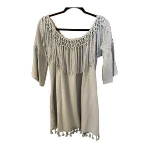 Umgee Fringed Mini Dress, Size M, Fern Green, Off-Shoulder, 3/4 Sleeves.